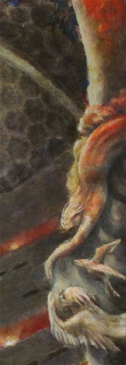 Pillars lit in red. Mermaid-like creatures.