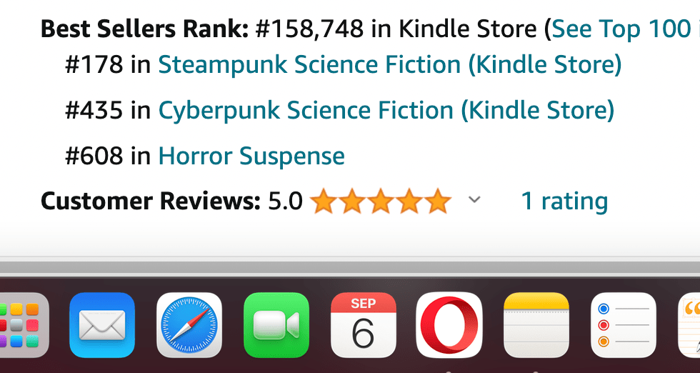 No. 178 in Steampunk sci-fi on KDP and no. 435 in Cyberpunk on release day.