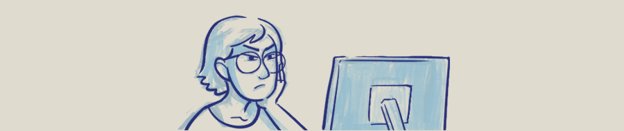 A cartoon author squinting at the screen